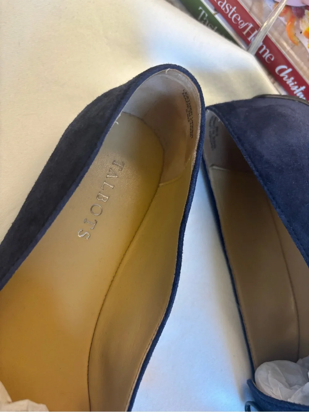Talbots Navy Suede Pointed-Toe Loafers with Bow Accents